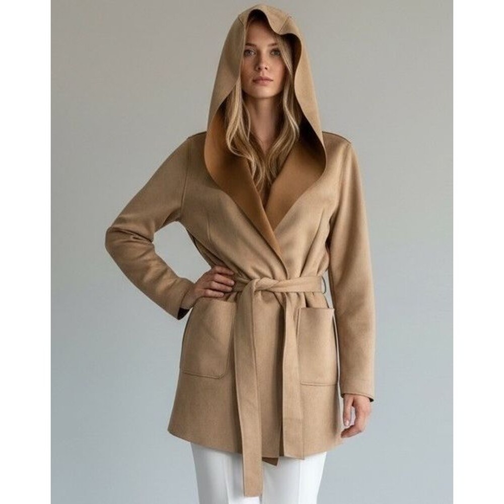 Joan Vass Sz MEDIUM Beige Faux Suede Trench Coat Belted Jacket Hooded Women's